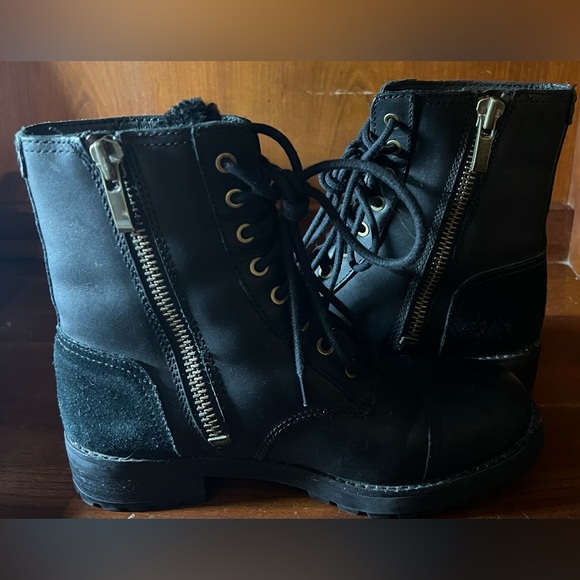 UGG KILMER EXPOSED FUR WATER-RESISTANT WOMEN BOOTS LEATHER BLACK US Sz 6 - Picture 5 of 9